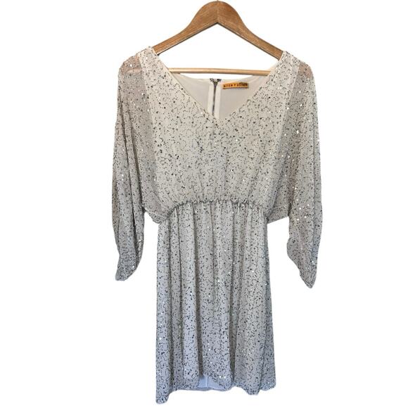 Alice + Olivia Sequin Cocktail Dress White, Silver, Gold, Medium 3/4 Sleeves L - Picture 4 of 8